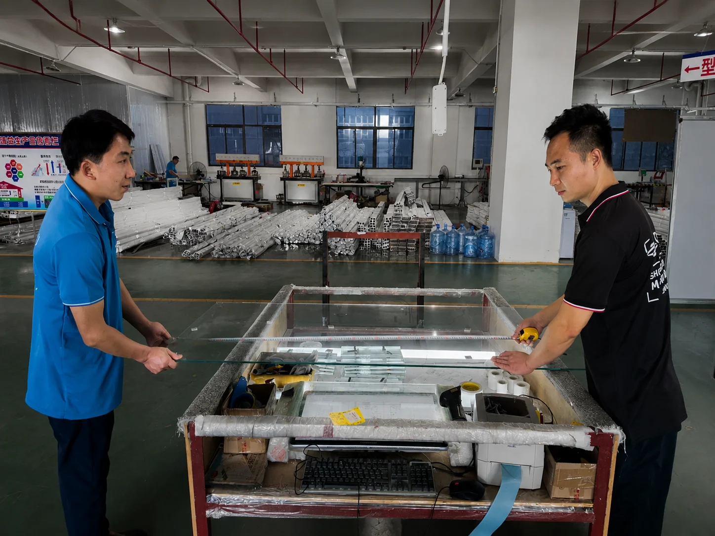 Inspecting a tempered glass panel before it enters the shower door line