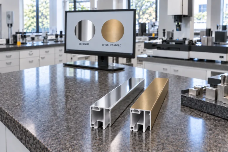 Two aluminum shower profiles side by side, one mirror-bright chrome, one brushed gold.