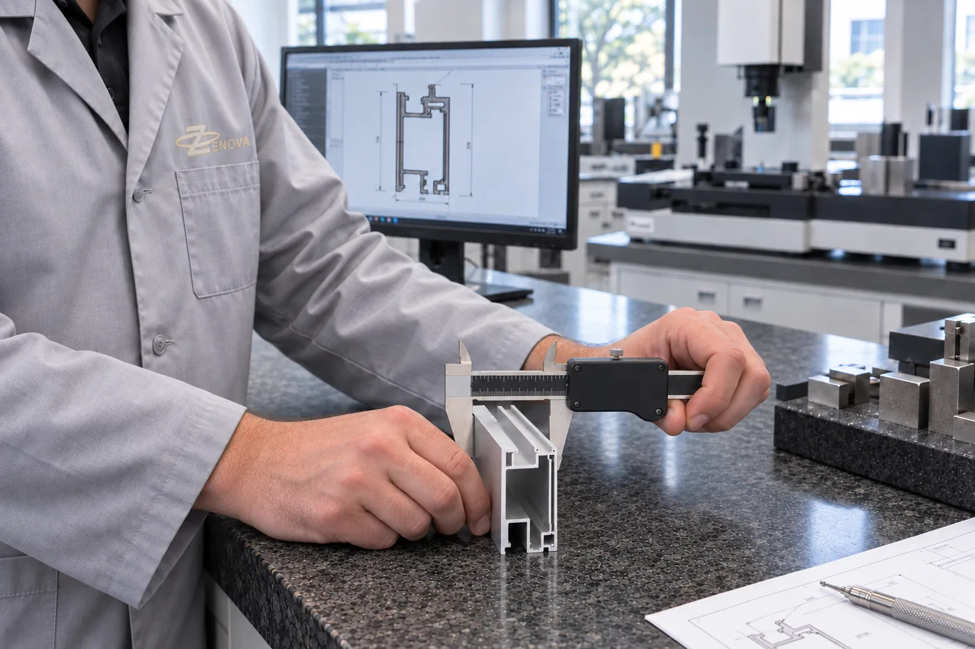 A technician measuring the wall thickness of an aluminum shower profile with a digital caliper.