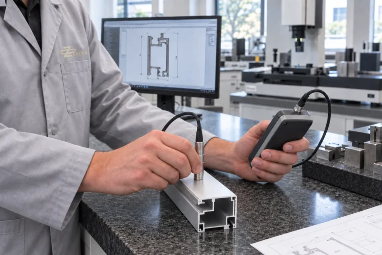 A coating-thickness gauge probe resting on an anodized aluminum shower profile.