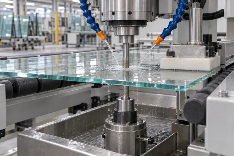 A CNC glass drill boring a hole through a tempered glass panel under water jets.