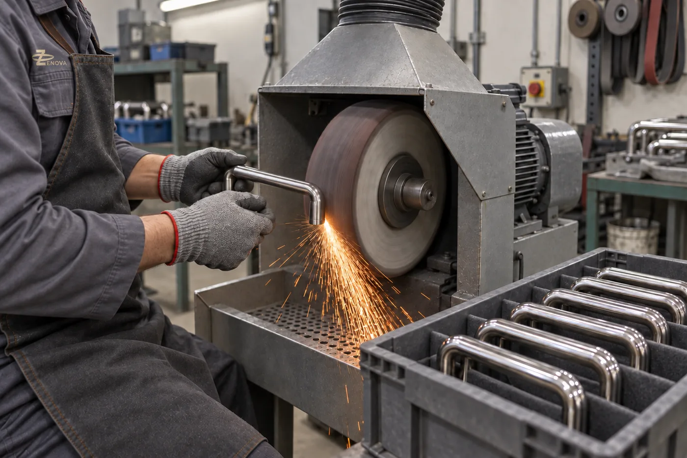 A stainless steel shower door handle being polished on a belt wheel.