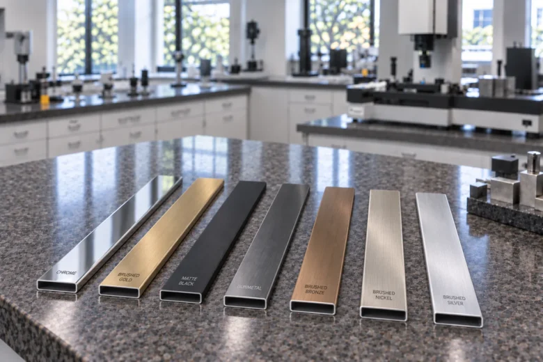 Seven aluminum finish samples labeled chrome, brushed gold, matte black, gunmetal, brushed bronze, brushed nickel and brushed silver.