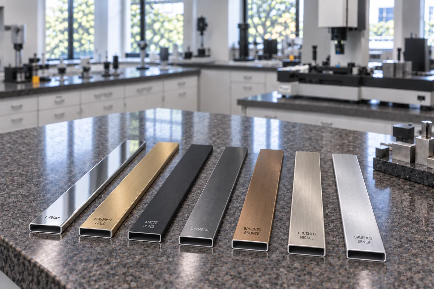 Seven aluminum finish samples labeled chrome, brushed gold, matte black, gunmetal, brushed bronze, brushed nickel and brushed silver.