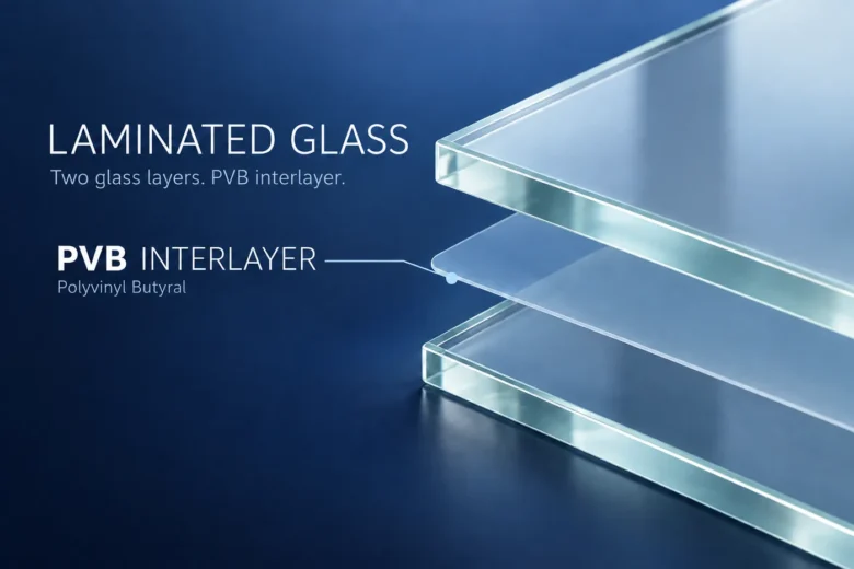 Cutaway illustration of laminated glass: two glass plies bonded by a PVB interlayer.