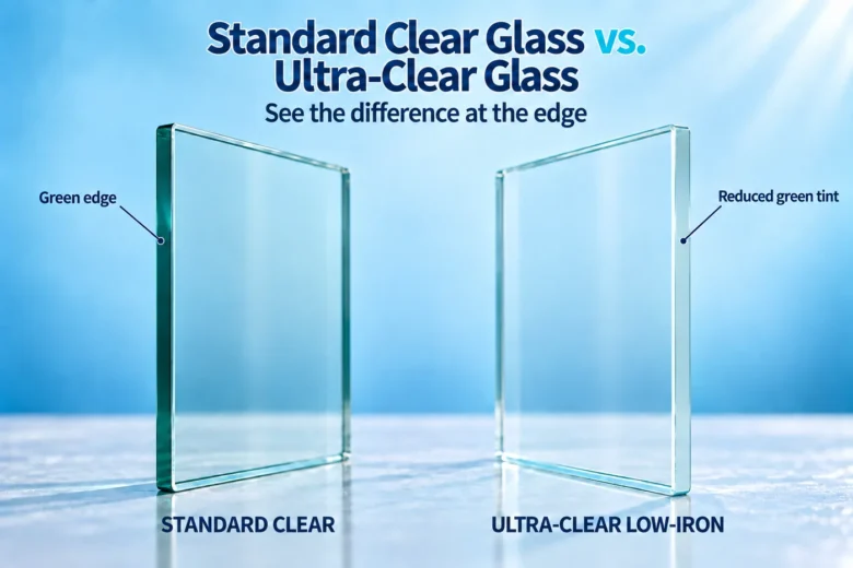 Illustration comparing the green edge of standard clear glass with the neutral edge of ultra-clear low-iron glass.