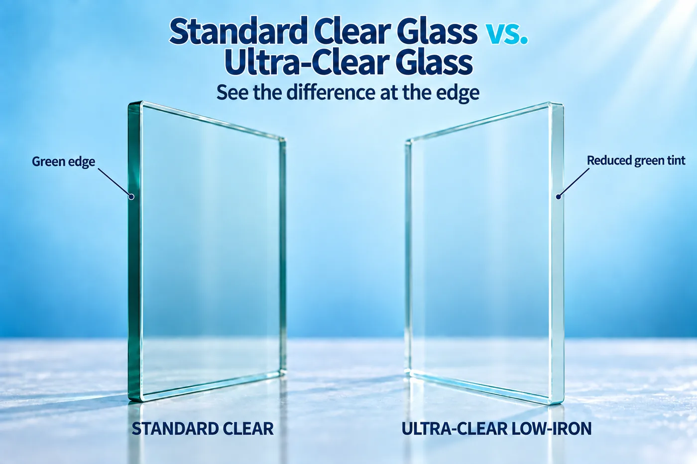 Illustration comparing the green edge of standard clear glass with the neutral edge of ultra-clear low-iron glass.