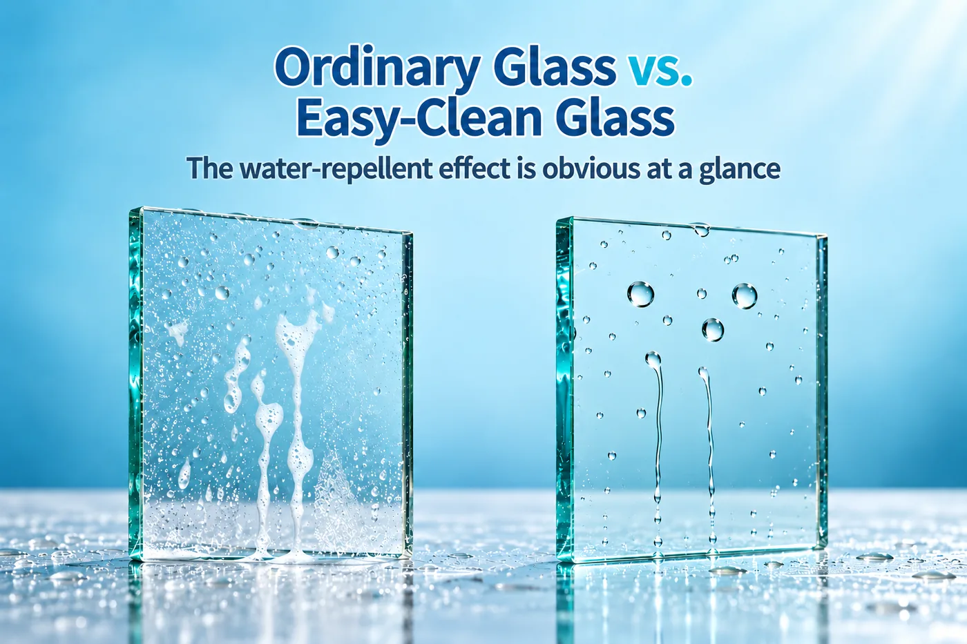 Illustration comparing water sheeting on ordinary shower glass with water beading on easy-clean coated glass.