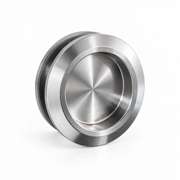 Round Recessed Sliding Door Handle in brushed stainless steel, shown with its flange ring