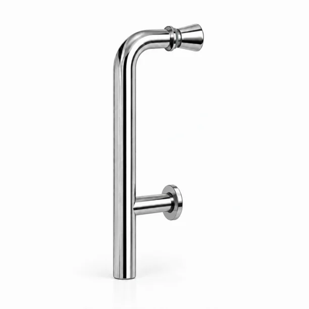 J-Shaped Sliding Door Handle in polished chrome, shown with its mounting flange