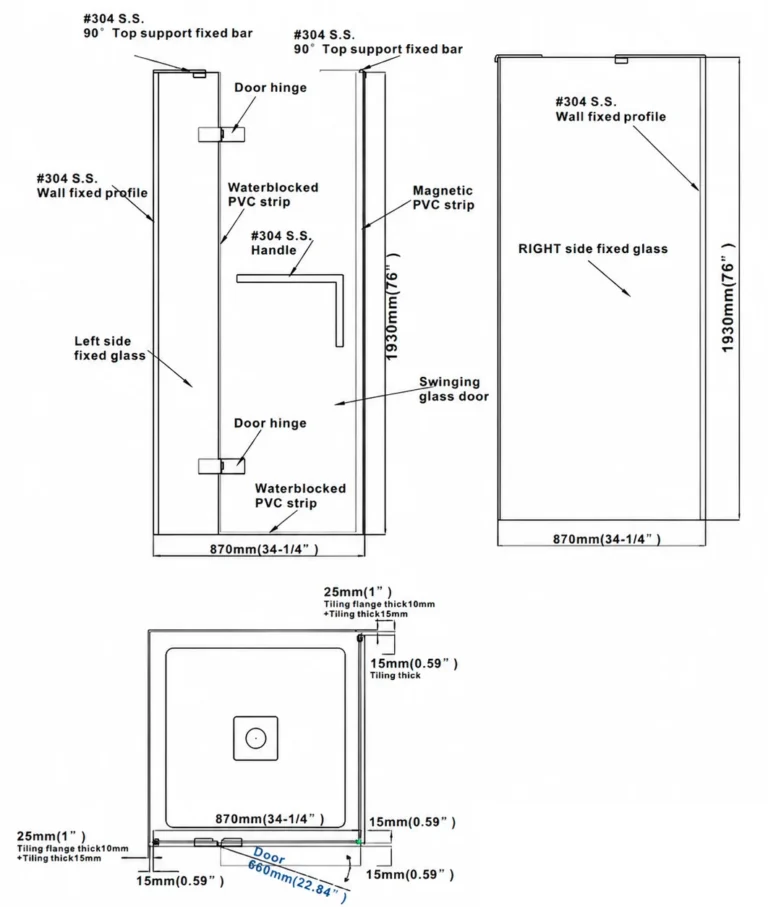 Customer size drawing for a two-sided hinged shower enclosure, with identifying details removed