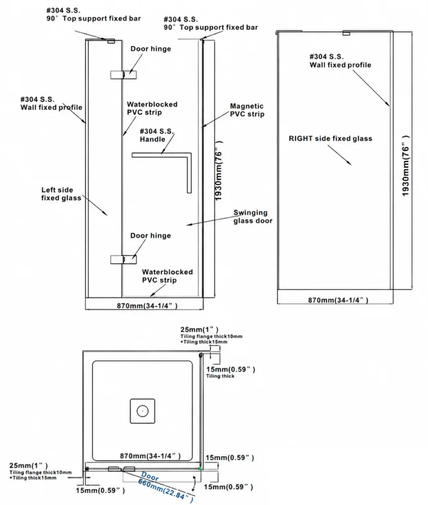 Customer size drawing for a two-sided hinged shower enclosure, with identifying details removed