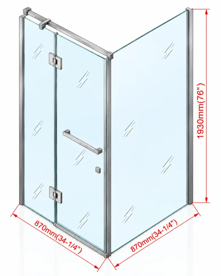 3D illustration of a two-sided hinged glass shower enclosure with dimension lines