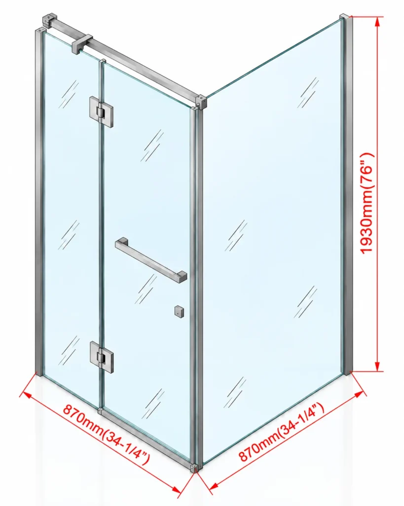 3D illustration of a two-sided hinged glass shower enclosure with dimension lines