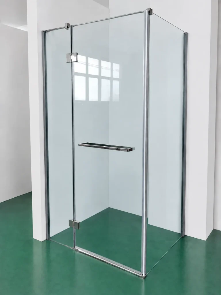 Assembled prototype of a two-sided hinged glass shower enclosure