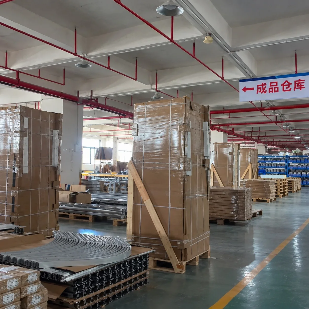Packed shower door units in the finished-goods warehouse at the Zenova plant